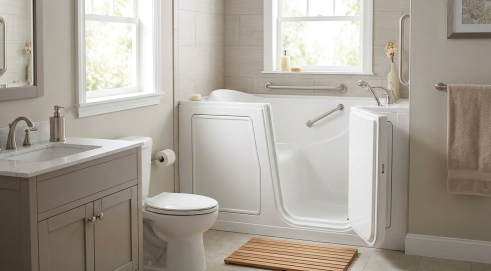 Bright home bathroom with walk-in bathtub, toilet and vanity